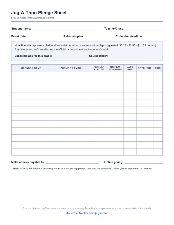 First page of the Jog-A-Thon Pledge Sheet printable