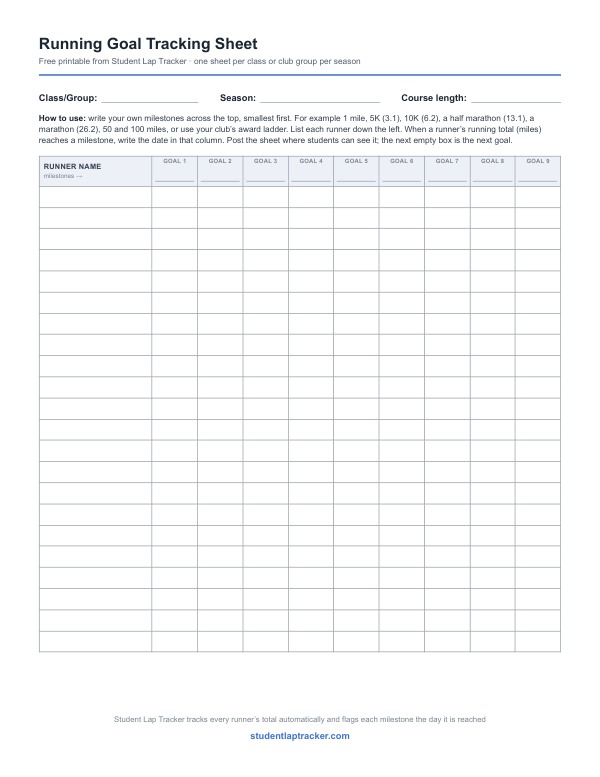 First page of the Running Goal Tracking Sheet printable